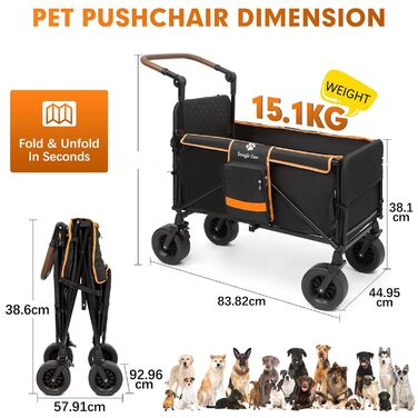 Трансформер для собак великих порід Snagle Paw з дверцятами та рампою, складний, для будь-якого рельєфу, з кишенями для зберігання, регульованою ручкою та гальмом, чорний/помаранчевий