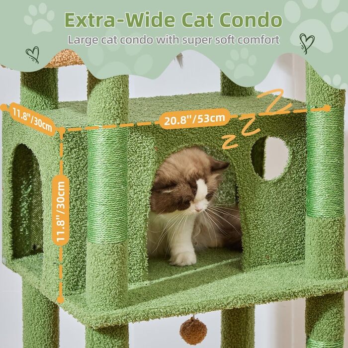 Когтеточка для котів Taoqimiao 180 см XXL, великий котячий комплекс для Maine Coon з будиночком, гамаком, великою платформою, 9 стійок для дряпання, кошиком, зелений
