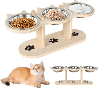 Набір мисок для котів 3-в-1: годівниця та поїлка, піднята годівниця для котів, набір з 3 мисок, нержавіюча сталь харчової якості, регульована висота, для вологого та сухого корму, для котів, цуценят та маленьких собак