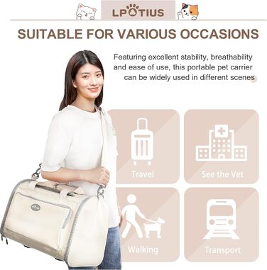 Транспортна сумка для котів та собак, дихаюча та складана переноска з регульованим плечовим ременем (Бежева)