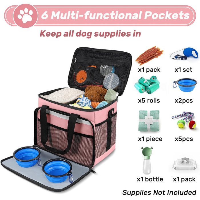 Сумка для собак Abrimelodi, відповідна вимогам авіакомпаній, з 2 складною мискою та кишенькою для ласощів (Рожева)