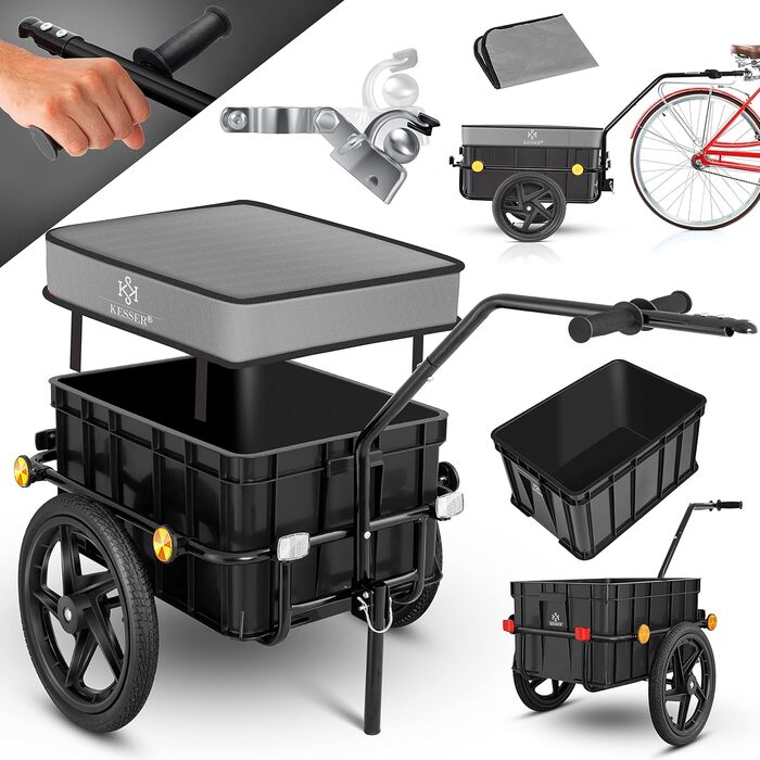 Причіп для велосипеда KESSER®: вантажний, ручний, з кутом нахилу, об'ємом 70 літрів (2 ящики пива) + аксесуари, 26-28 дюймів (сірий)
