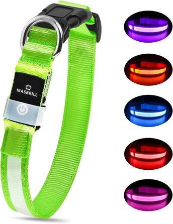 Світловідбиваючий нашийник для собак ASBRILL з LED-підсвічуванням, USB-C, водонепроникний, регульований, 3 режими світла, для малих, середніх та великих собак (зелений, L)