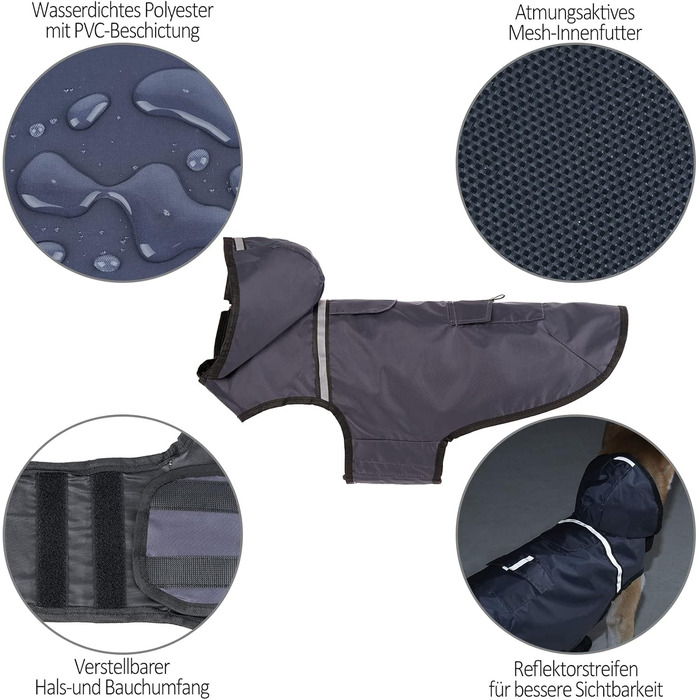 Водонепроникна куртка для собак KoKoBin з капюшоном, світловідбиваюча, легка та дихаюча (L, сірий)