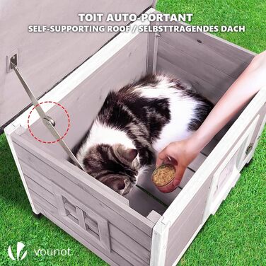 Будиночок для котів VOUNOT з дерева з асфальтовим дахом, вуличний, 57x45x43 см, сірий