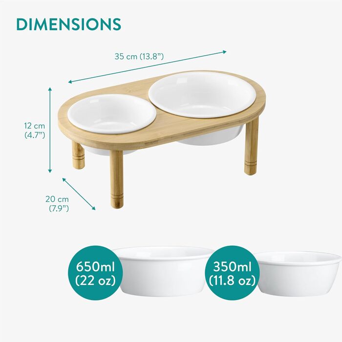 Підвищена годівниця для собак Navaris - 350 & 650 мл - керамічна миска на бамбуковому підставці, для води та корму, миється в посудомийній машині, сумісна з мікрохвильовою піччю, стиль 2