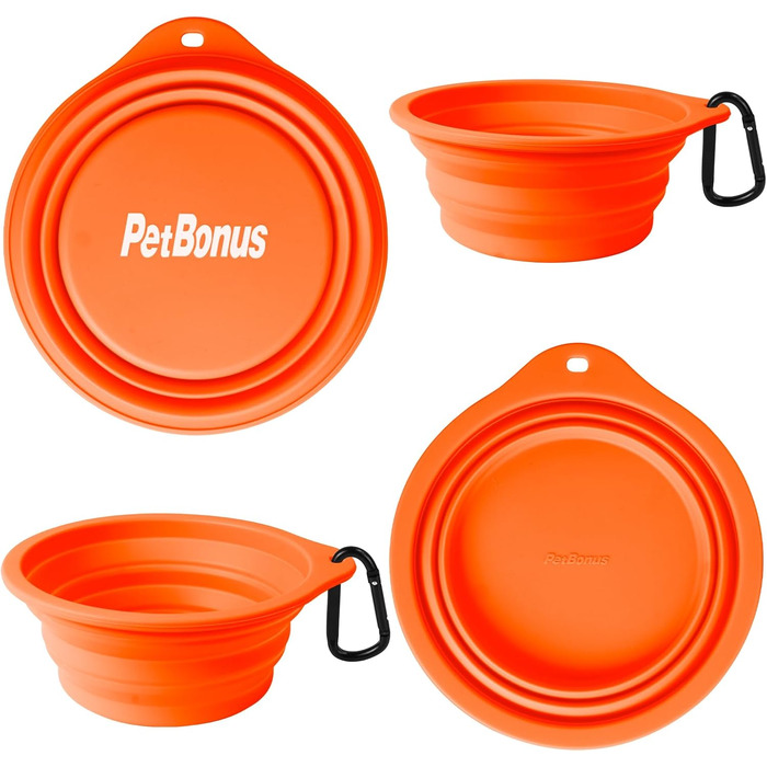 Складні миски для собак PetBonus, 2 шт. Силіконові миски для води та корму для собак, для подорожей, з карабіном (1000 мл, помаранчевий, жовтий)