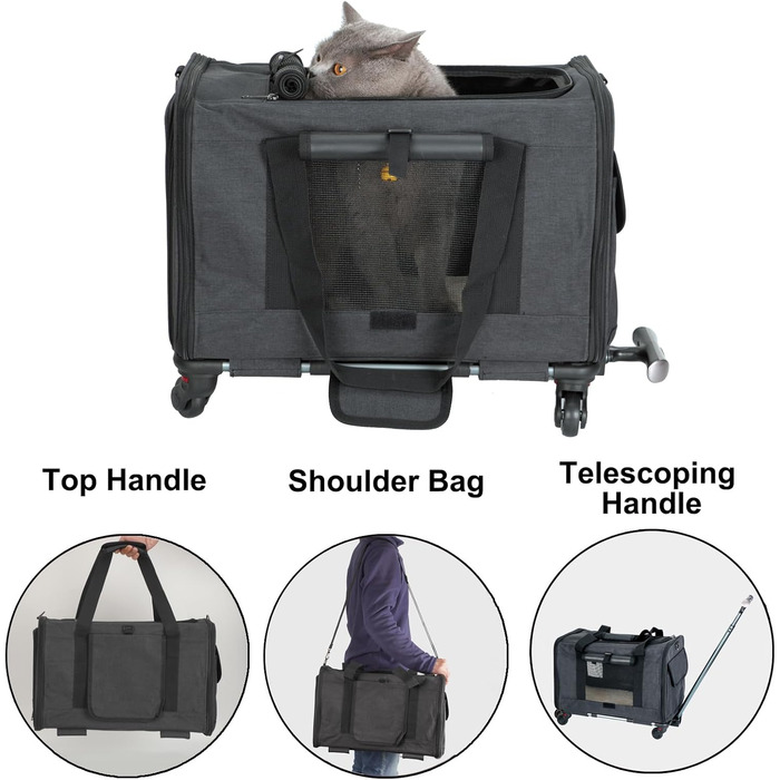 Транспортувальна сумка для домашніх тварин: собак та котів середніх та малих порід. Переноска для подорожей з телескопічним ручками та знімними колесами. Колір: темно-сірий