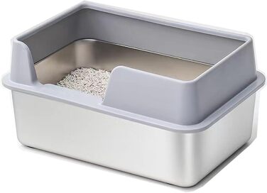 Кунву Лоток для котів з нержавіючої сталі, 50,8 x 35,6 x 20,3 см, з кришкою, легко чиститься, не вбирає запахи, напівзакритий лоток з міткою (Сірий Сантас, 50,8 x 35,6 x 20,3 см)