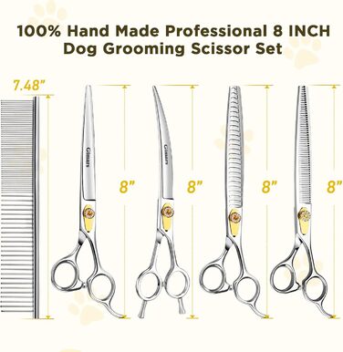 Професійна доглядацька ножиця для собак Gimars 8 дюймів (20.3 см) з нержавіючої сталі 440C, 6-в-1, ергономічна, для собак та котів, золота