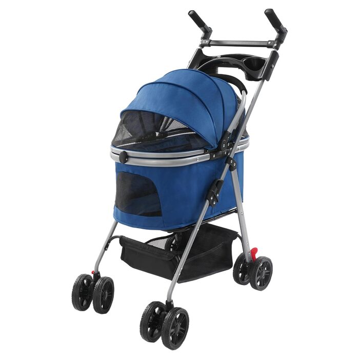 Візок для собак 3 в 1: візок-будка, візок для котів, візок для маленьких собак до 12 кг, складаний, з сумкою та кошиком (темно-синій)