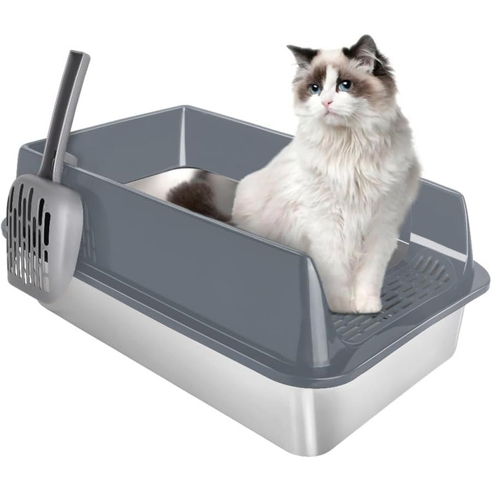 Котлован для котів з нержавіючої сталі, великий, для великих котів та кошенят, відкритий лоток, легко чистити, антипригарна поверхня (сірий, 50x35x24 см)