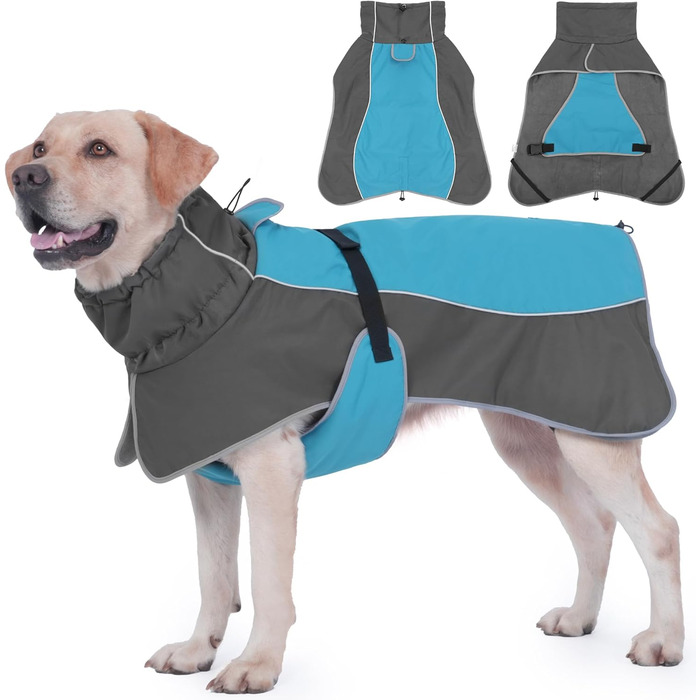 Водонепроникний собачий дощовик HezzLuv з світловідбиваючими смугами, отвором для повідка та флісовою підкладкою Polar Fleece, можна прати в пральній машині. Зимова куртка для собак маленьких, середніх та великих порід, тепла, вітронепроникна, легка (Блак