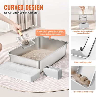 VEVOR XL котячий туалет з нержавіючої сталі, 2 шт, 60×40×15 см, з совком, широким фільтром і високим бортом, без запаху, для великих котів