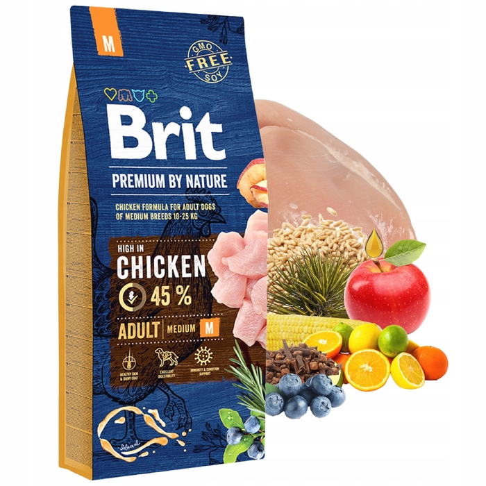 Сухий корм для дорослих собак середніх порід Brit Premium by Nature з куркою, 15 кг