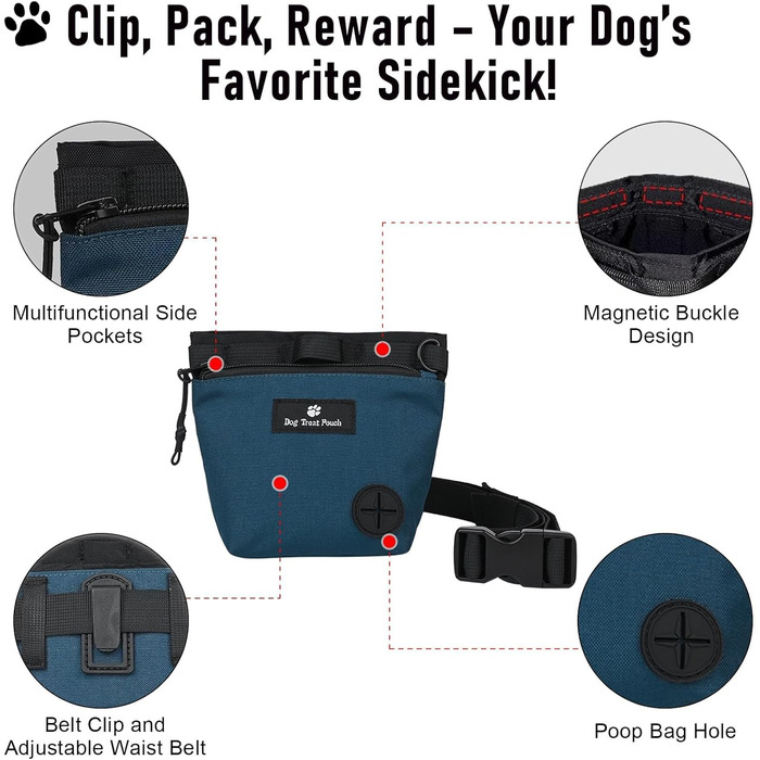 Сумка для ласощів для собак з магнітним закриттям, регульованим поясом, для тренувань, прогулянок на відкритому повітрі (синій, принт з тваринами)