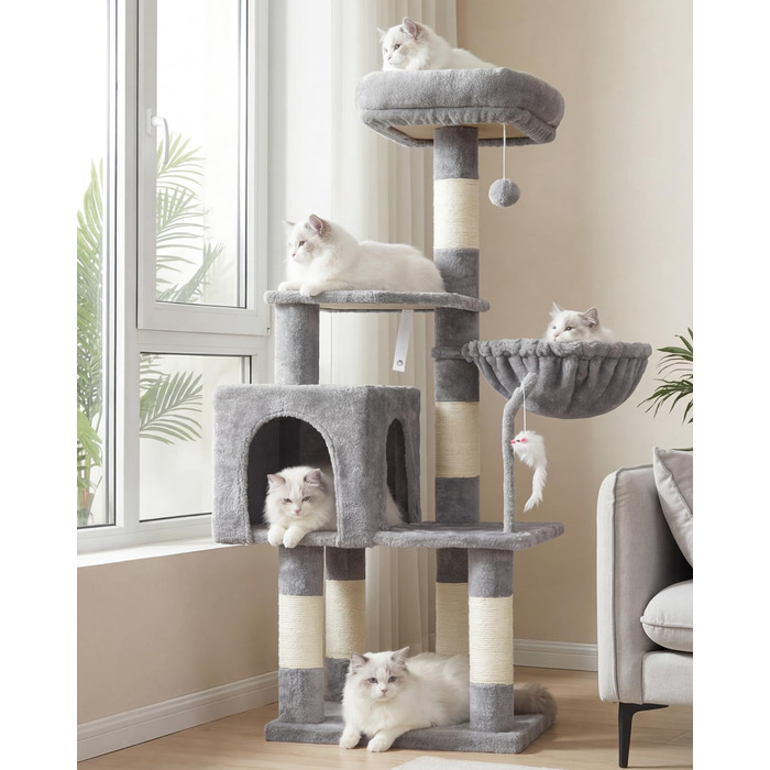 Комплекс для котів Heybly Kratzbaum HCT004SW: Дряпка-кігтеточка з іграшками, будиночок, лежанка, сізаль, світло-сірий (43.3 дюйми)