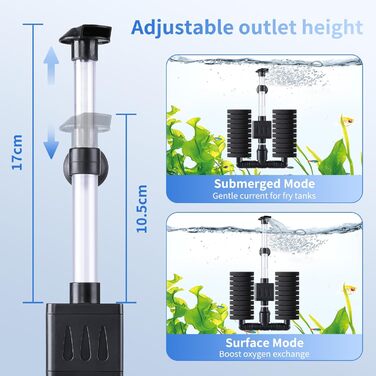 AQQA Фільтр для акваріума, електричний внутрішній фільтр для акваріума, тихий губчастий фільтр з водяним насосом 190 л/год, біологічне та механічне фільтрування, для акваріумів до 210 л (5 Вт)