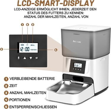 Автоматична годівниця для котів і собак Anykuu 4 л з LCD-дисплеєм, таймером, порційна, для сухого корму