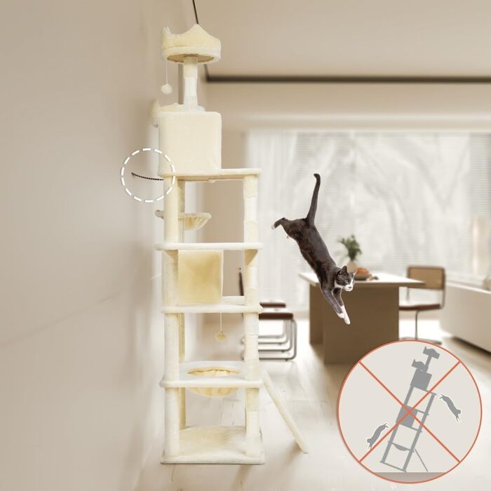 Двоповерховий котячий будиночок Vounot XXL (215 см), котячий комплекс з гамаком, корзиною та шматочками для дряпання, сірий та бежевий