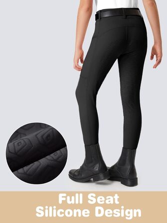 Дитячі штани для їзди верхи FitsT4 - спортивні рейтузи для дівчаток, повний силіконовий наповнювач, рейкові штани, літні штани з 2 бічними кишенями та петлями для ременя, чорний колір, розмір L