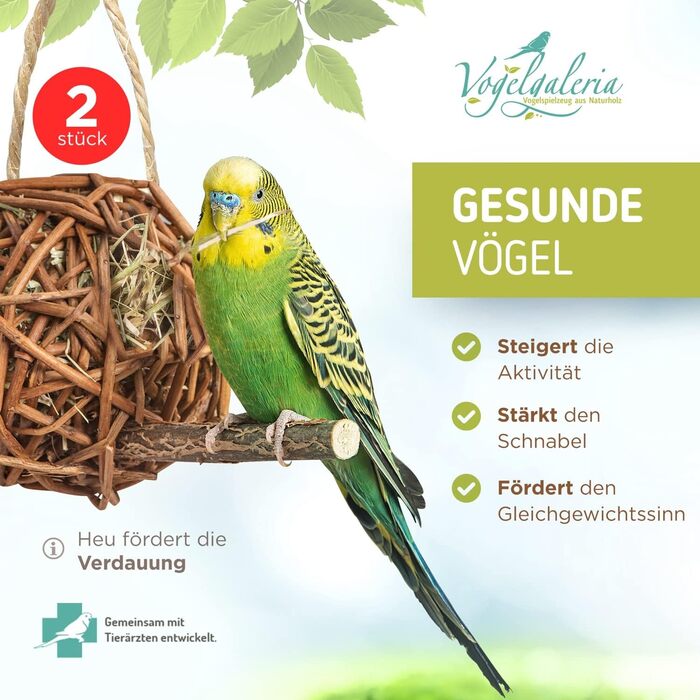 Набір 2 плетених куль з лози з сіном 10 см Vogelgaleria для папуг — іграшка для клітки, ручна робота, аксесуар для гризіння та лазіння