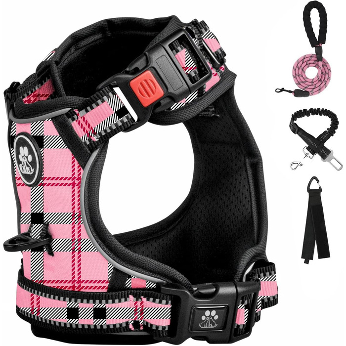 Шлейка для собак середнього розміру FURRYFECTION, анти-виривання, зручна, регульована, з шнуром (Plaid Rosa, M)