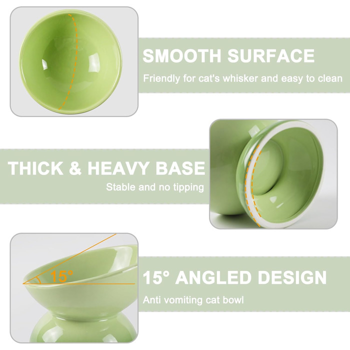 Підвищений годівниця для котів з кераміки, нахилений миска для води або корму, порцеляна, без стресу, запобігання зворотному потоку, придатний для миття в посудомийній машині та мікрохвильовій печі, лаванда (перехід кольору зелений)