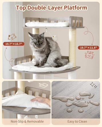 Дерев'яний когтеточка Heybly Kratzbaum 179 см з будиночком та гамаком, HCT121WB (Вінтаж-Сірий)