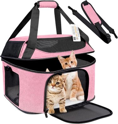 Велика переноска для котів, сертифікована Öko-Tex, м’яка, авіа-допуск TSA, на 2 коти до 9 кг, рожева