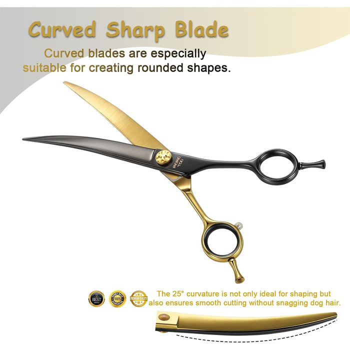 Професійна вигнута ножиця для грумінгу собак, з декоративним гвинтом, гостра та довговічна, японська сталь 440C, безпечна закруглена кінчик, 19,1 см, чорний та золотий колір