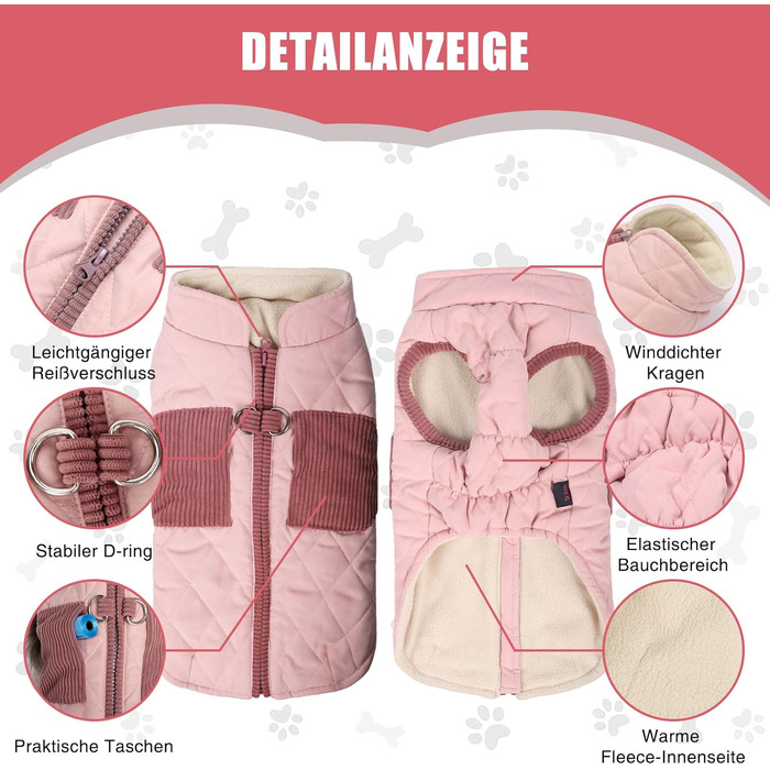 Теплий зимовий одяг для собак FeimaX: вітронепроникна куртка з флісовою підкладкою, D-Ring, для малих та середніх собак, рожевий, 3XL