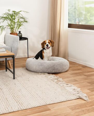 Кругле ліжко для собак та котів Lionto, Ø 80 см, сірий колір, м'який плюш, товста наповнювач, 80 x 80 x 24 см