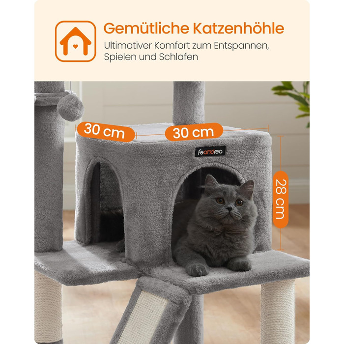 Дерево для котів Feandrea 96 см з великою платформою, будиночком, гамаком та сходами, м'який плюш, сірий PCT51W
