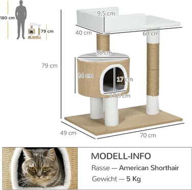 Дерев'яний кігтеточка PawHut для котів з будиночком, лежаком та кріпленням з джуту, до 8 кг, коричнево-білий, імітація кашеміру