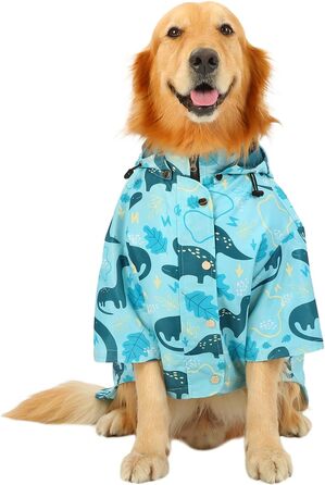 Дощовик для собак HDE, двошаровий, на блискавці, з капюшоном, розмір 3XL, дизайн динозавр