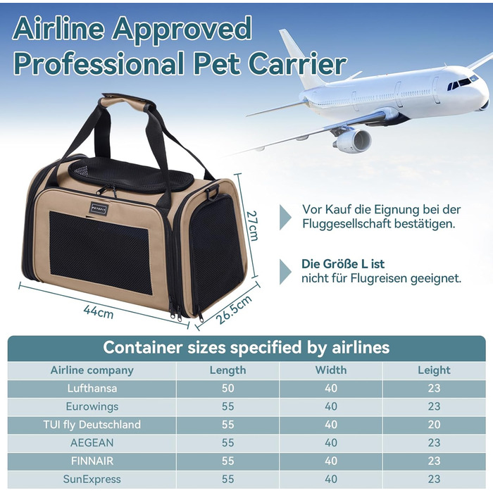 Транспортна переноска для котів та маленьких собак Petsfit, легка сумка-переноска для собак та котів, підходить для авіаперельотів, з ременем безпеки та розширеним килимком, S, Khaki
