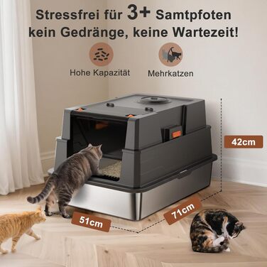 Закритий лоток для котів з нержавіючої сталі FURTIME XL з кришкою, високими бортами, килимком та контейнером для сміття, чорний (70 x 51 x 42 см)
