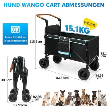 Візок для собак Snagle Paw з дверцятами та рампою, великий, розкладний, для собак середніх та великих порід, регульована ручка та гальма, 4 колеса для прогулянок, бігу, подорожей, до 90 кг (Чорний/Синій)