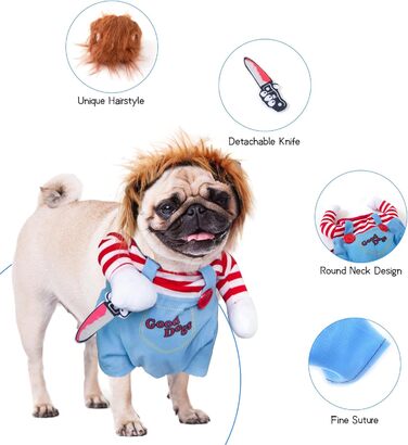 Костюм на Хелловін для собак - Чакі, костюм для собак, лялька-вбивця, веселий одяг для собак, регульований, косплей, костюм для маленьких, середніх собак, великий, синій