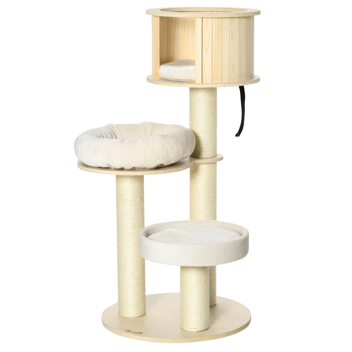PawHut Cat Tree with Cat Cave висотою 122см, три рівня, дерево, стовбури з сизалю, ігрові м'ячі для активних котів