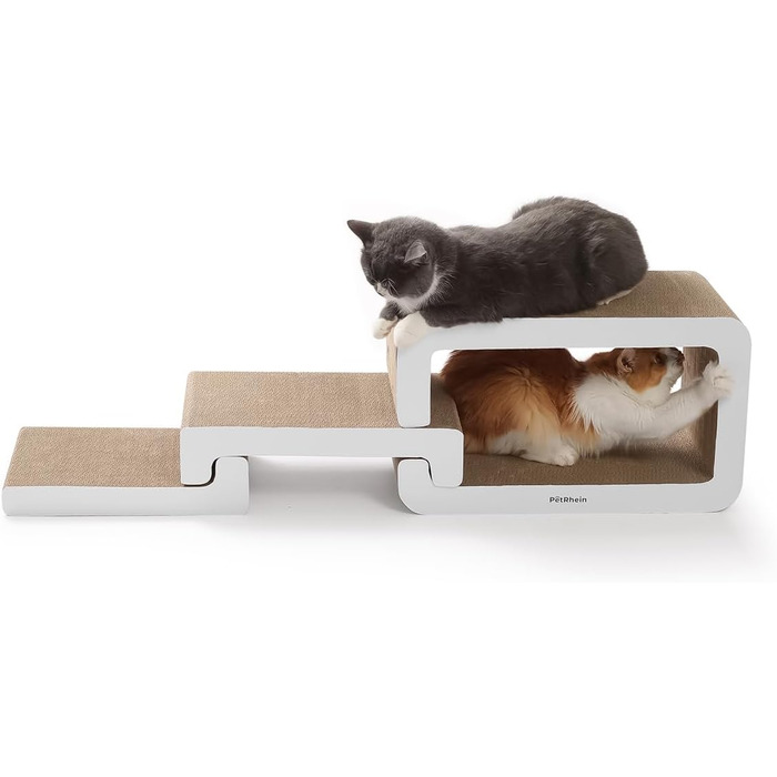 PetRhein 3-в-1 Кігтеточка для котів, велика XXL картонна кігтеточка, багатофункціональні меблі для котів з пандусом та будиночком, розтягується до 116 см, міцна завдяки стільниковій структурі, килимок для кількох котів