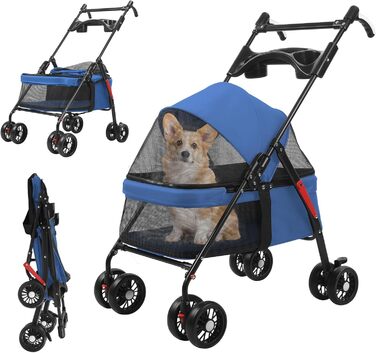 Легкий та складаний переносний візок для собак, блакитний. З сонцезахистом, гальмами та місцем для зберігання (до 10 кг)