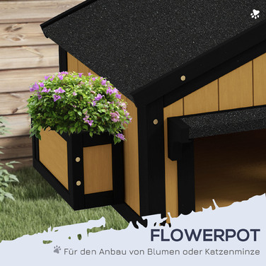 PawHut Cat House, Ялинове дерево, Котячий будинок з кількома входами, 2 поверхи, Котяча печера для вулиці, Невеликий будинок для тварин з асфальтовим дахом, Коробка для квітів, Зимостійкий, Рельєфний дизайн, Жовтий, 96 x 65 x 85,5 см | Аосом