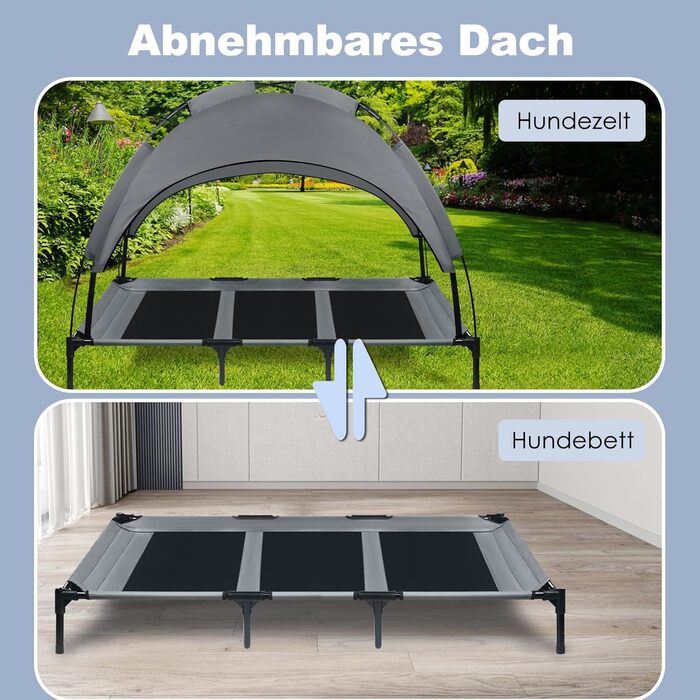Підвищене ліжко для собак UISEBER 92x76x92 см, Outdoor, з дахом, до 50 кг, вологостійке, сіре+чорне (XL)