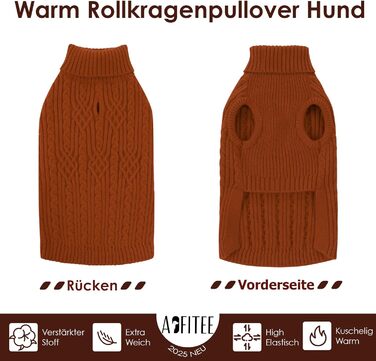 Пуловер для собак AOFITEE, теплий пуловер з коміром-гетром для такс та маленьких собак, зимовий пуловер для собак, колір цегляний (L)