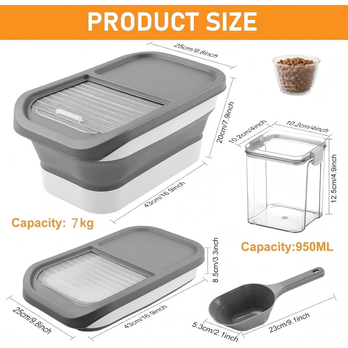 Контейнер для корму для собак та котів, 7 кг, сірий, з мірним стаканом та ложкою