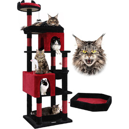 Дім-дерево для котів Globlazer Gotisch XXL: міцний, чорно-червоний, 183 см, з гамаком, будиночком, платформами, корзиною. Підходить для великих порід (Maine Coon, BKH)