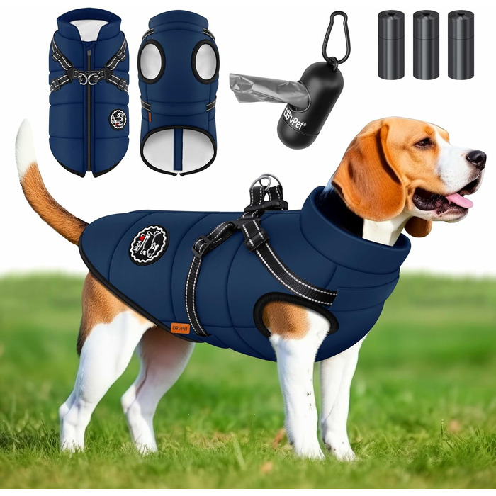 LOVPET® Зимова куртка для собак 4XL, водонепроникна, утеплена, з вбудованим шлейкою, рефлекторами та D-кільцем, темно-синя, у комплекті 45 пакетів для прибирання та диспенсер
