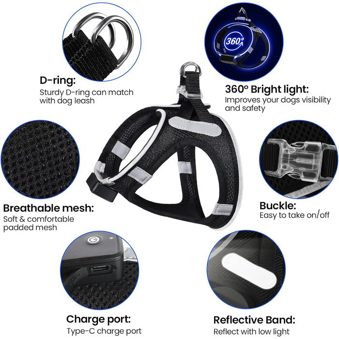 Світловідбиваючий нашийник для собак з LED-підсвічуванням PcEoTllar, перезаряджається, дихаючий, для маленьких та середніх собак, зелений (3 режими) (S, чорний (9 режимів))
